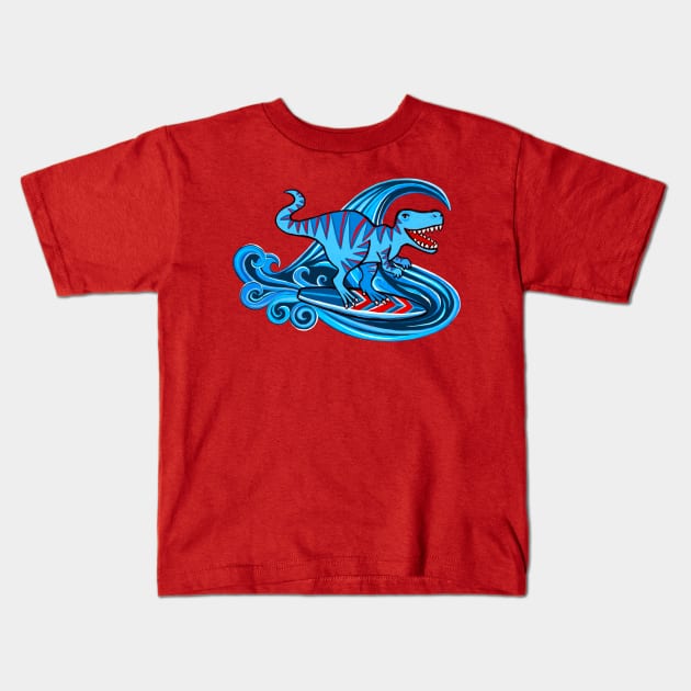 Dino Surfer Kids T-Shirt by micklyn